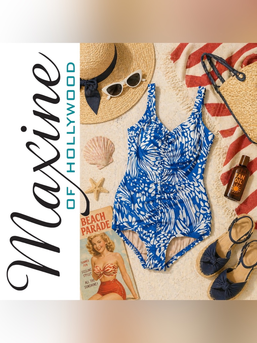 Maxine of Hollywood Blue ‘50s Blue & White One Piece Swimsuit, Size 12, EUC!